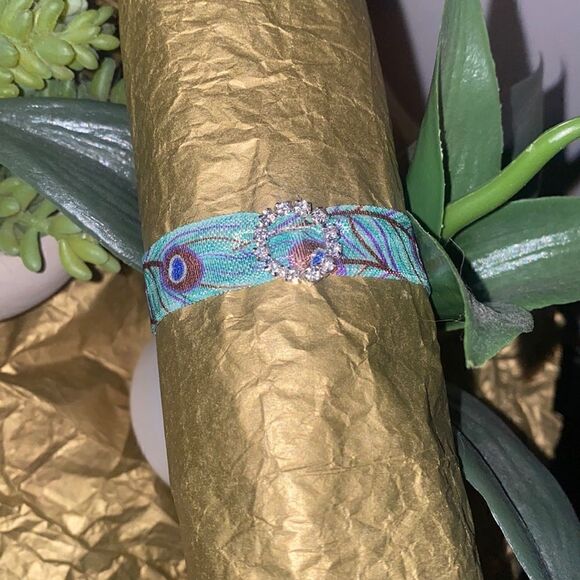 Turquoise Peacock Feather Rhinestone Charm Hair Tie Ponytail Holder Bracelet - Picture 3 of 5